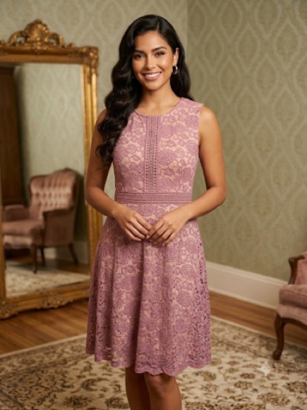 Sleeveless Lace A-Line Dress in Mauve Pink ITEM #3